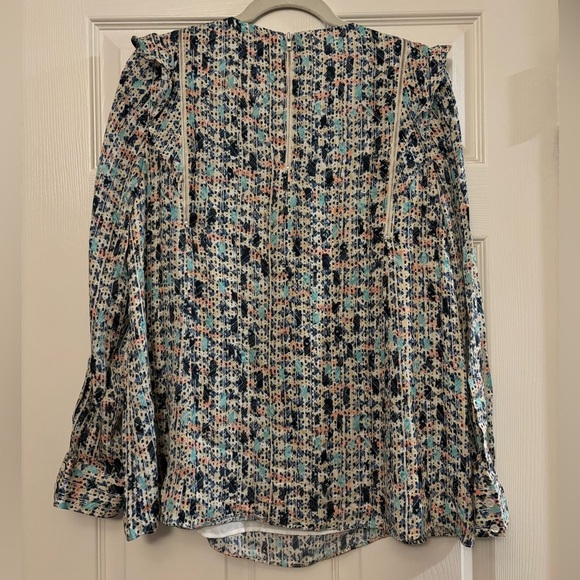 REISS | Olivia Ditsy Print Zipper Ruffle Blouse In Blue Sz‎ 12 - Picture 3 of 9